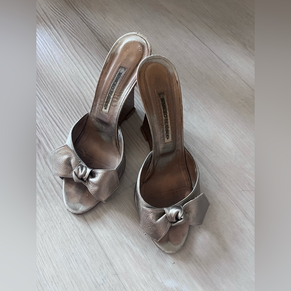 Manolo Blahnik Gold Heels with Bow Detail